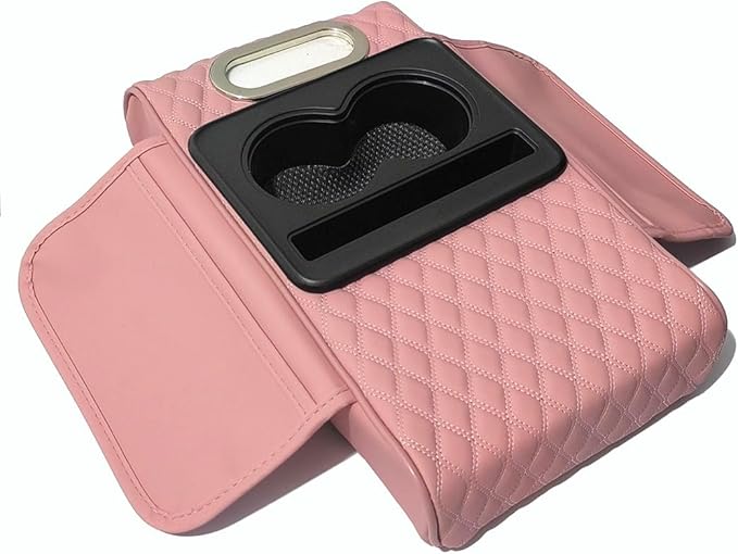 Car Armrest Cushion,5-in-1 Center Console Cover with 2 Storage Bags Cup Holder, Tissue Box Slot, Phone Slot for Sedans, Car Accessories Interior Organizers (Pink)