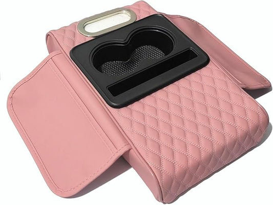 Car Armrest Cushion,5-in-1 Center Console Cover with 2 Storage Bags Cup Holder, Tissue Box Slot, Phone Slot for Sedans, Car Accessories Interior Organizers (Pink)