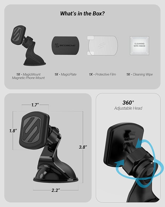 Scosche Extra Strength Suction Cup Phone Mount, Magnetic Dashboard/Windshield Mount Cell Phone Holder for Car with 360° Rotation, StickGrip Base & Thick Metal Plate for iPhone and Android, Not MagSafe