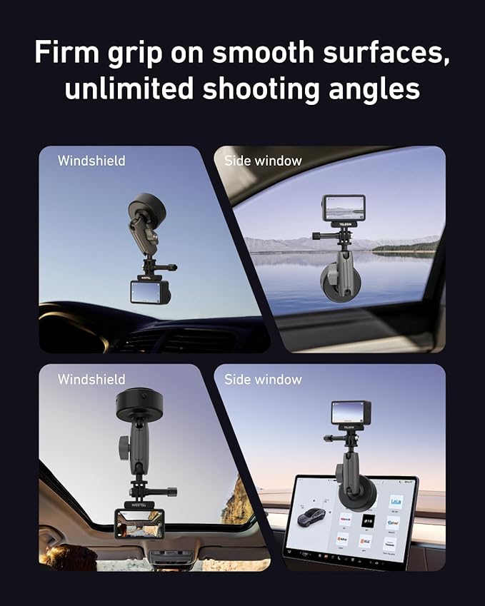 TELESIN Electric Vacuum Suction Cup Car Mount for GoPro Max Hero 13/12/11/10/9, Insta360 X5/X4/X3, DJI Action 6 5 Pro/4/3,Suction Camera Mount for Car Windshield, Dashboard, 360° Adjustable Arm