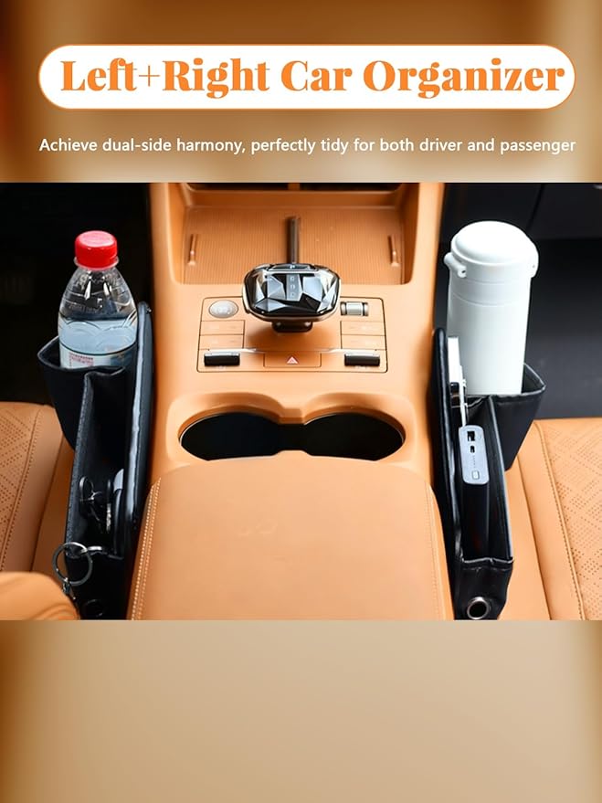 Car Seat Gap Filler Organizer,Car Seat Gap Storage with Cup Holder, Front Seat Gap Storage Box, Universal Fit PU Leather Gap Bag for Phone, Sunglasses, Cards, Keys(Left+Right Side)