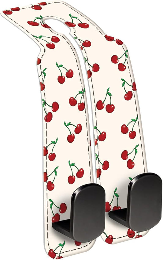 Car Seat Back Storage Headrest Hook, Premium Leather Double Metal Hook, Hanger Storage Organizer for Purse Cloth Bag, Car Interior Accessories White Red Cherry