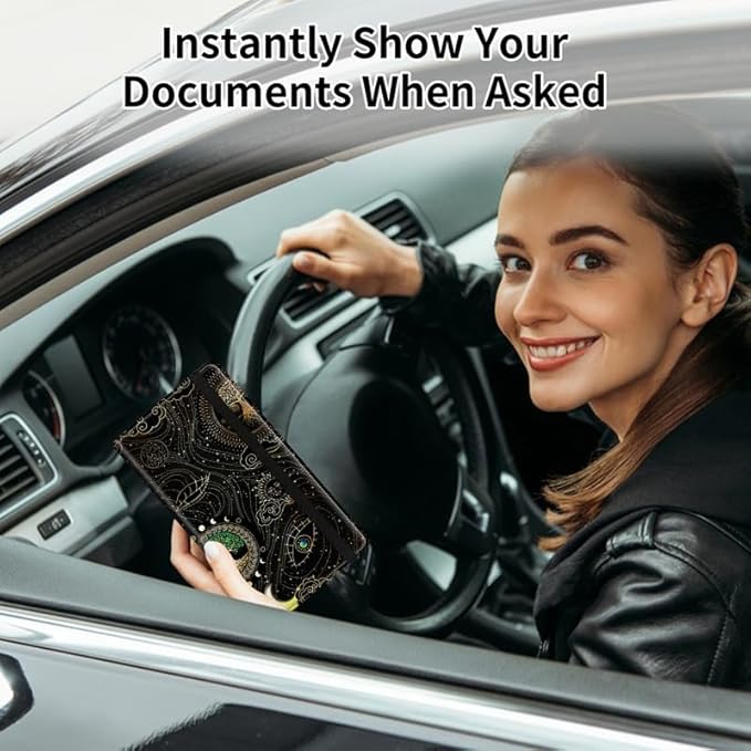 Car Registration and Insurance Card Holder, Vehicle License Documents Glove Box Compartment Organizer Wallet, ID Card Holder for Car Essentials Automobile, Tree of Life Sun Moon