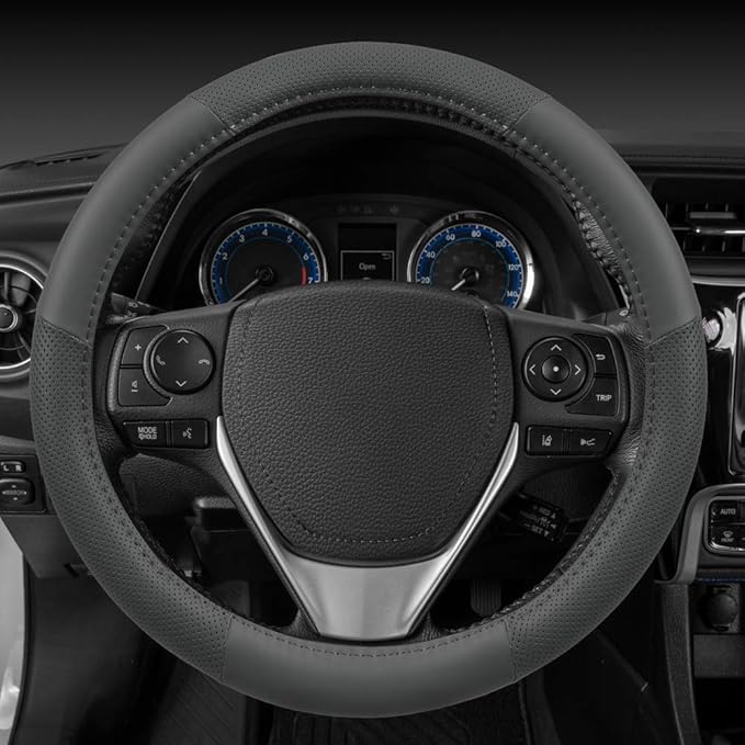 Motor Trend Perforated Microfiber Leather Steering Wheel Cover for Cars Trucks SUVs Vans, Sporty Racing Improved Grip Anti-Fatigue Ergonomic Design, Airbag Compatible - Fits Standard 15" Inch - Gray