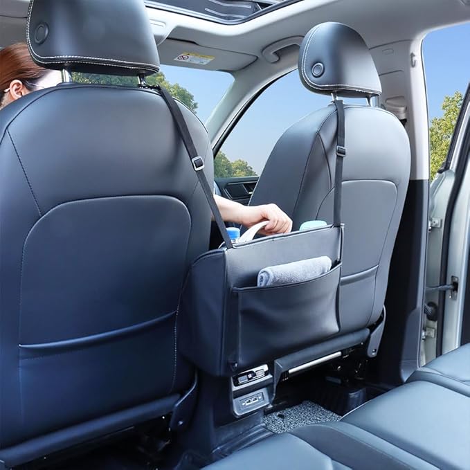 Car Handbag Purse Holder Between Seats Leather Car Front Seat Storage Bag Large Capacity Car Organizers for Book Document Phone Bottle Tissue Toy (Black Style-1)