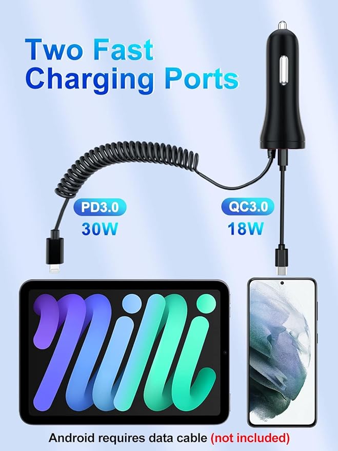 HUNDA Fast Car Charger 48W, Dual Port Super Fast Charging with PD3.0 & QC4.0, Car Accessories with Built-in 5ft Coiled Lightning Cable for iPhone 15-11 Series, iPad & More