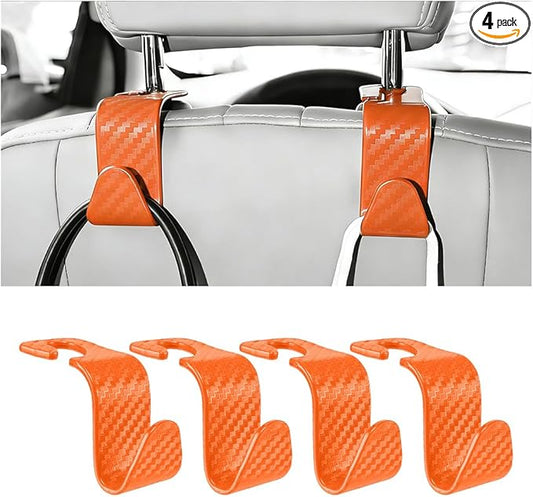 4PCS Car Seat Headrest Hook, Automotive Back Seat Storage Holder Hanger, Vehicle Interior Backseat Organizer Hanging Hook for Purse Handbag Grocery Bags, Universal Fit (Orange)