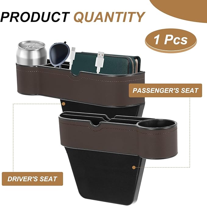 HARFINGTON Car Seat Gap Filler Organizer 10.6 x 7.1 x 2.8 Inch ABS+Leather Universal Car Organizer Storage Box Between Seat and Console (Left) with Cup Holders for Phone Keys, Brown