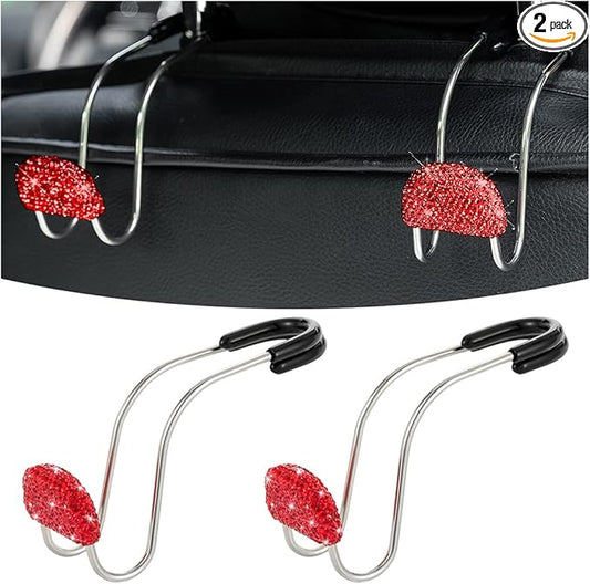 AUCELI Car Headrest Hook, 2 Pack Bling Backseat Organizer Hanger for Purse Clothes Grocery Bag, Rhinestones Auto Headrest Storage Holder, Universal Car Seat Accessories for Most Vehicle (Red)