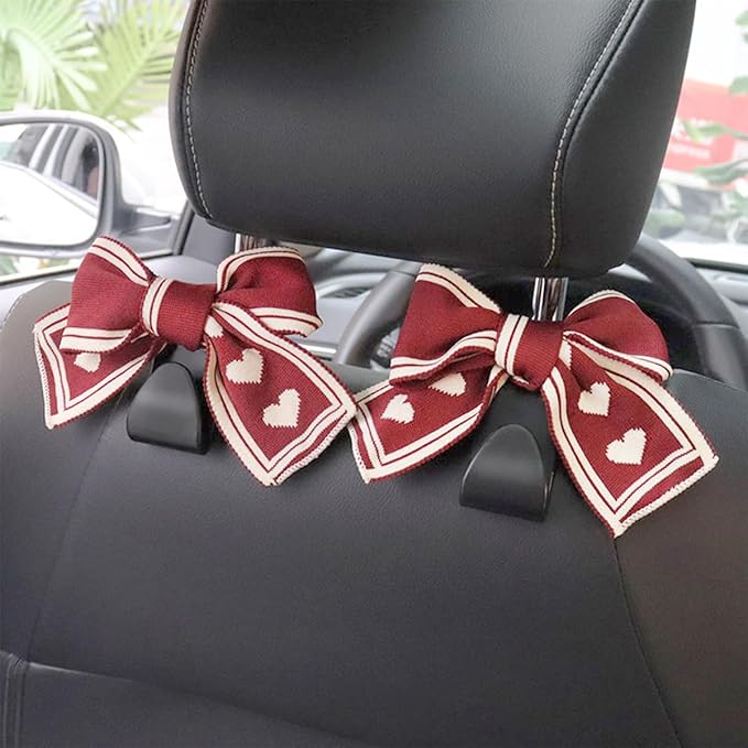 Mandark 2PCS Car Seat Headrest Hooks, Cute Bow Vehicle Hooks for Purses and Bags, Automotive Purse Hook Hanger Interior Decoration Accessories, Universal for SUV, Sedan, Truck (Red/White)
