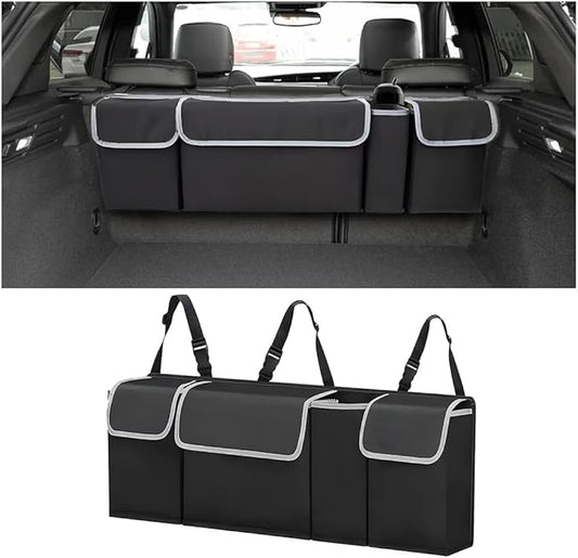 BELOMI Car Trunk Organizer, Auto Waterproof Sturdy Backseat Hanging Large Storage Collapsible Cargo Bag with Anti-Slip Adjustable Strip&4 Pockets, Vehicle Interior Accessories for Man Woman (Black)
