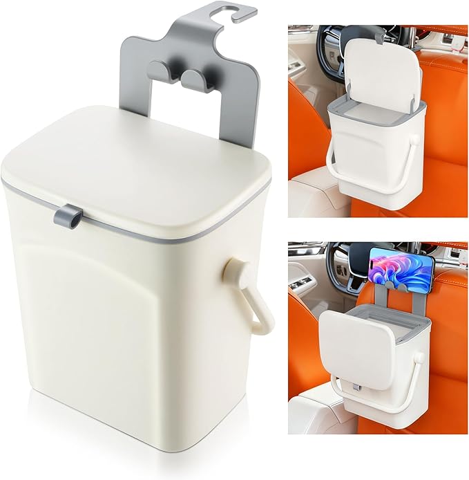 SINGARO Car Trash Can with Lid and Phone Holder, Universal Trash Bin, Waterproof Hanging Vehicle Garbage Can, Leak Proof Organizers and Storage, Car Accessories Interior for Women Men, White