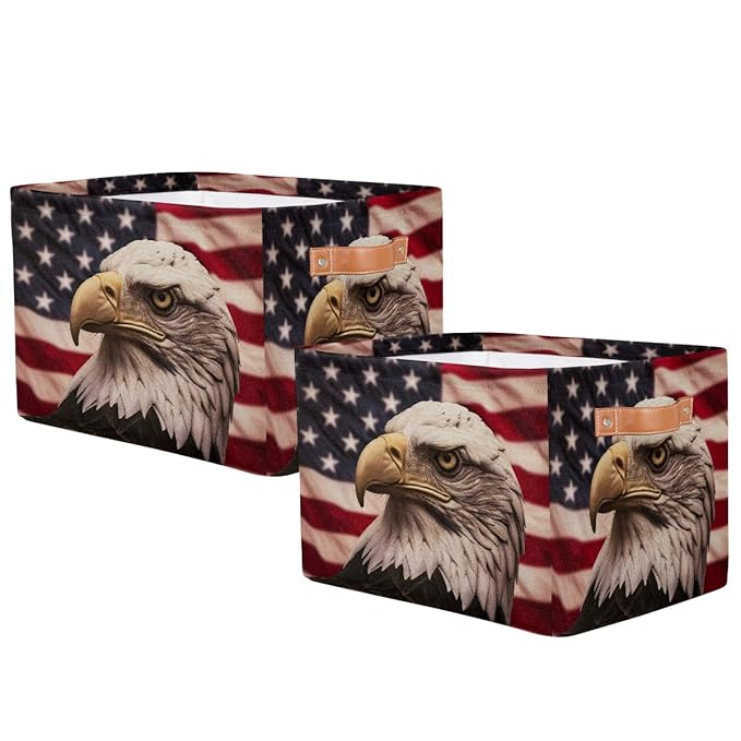 Retro American Flag Storage Baskets for Organizing, Fabric Collapsible Storage Bins Box Bald Eagle Decorative Toy Organizer Baskets for Closet Shelves Gift Basket 2Pcs