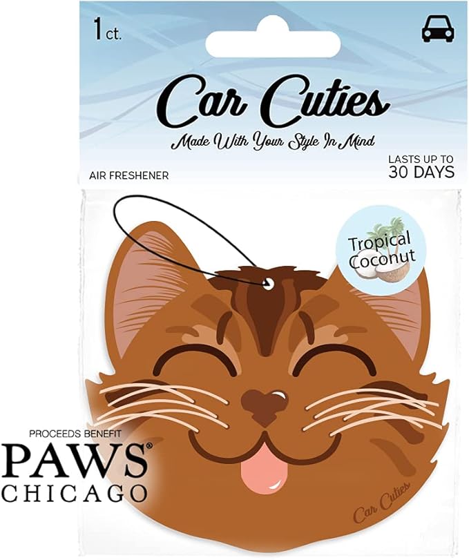 Cute CAT CAR AIR FRESHENER - Cute Cat Design, Long-Lasting Scent, Portion of Proceeds Benefit PAWS Chicago (Tropical Coconut - Pack of 3)