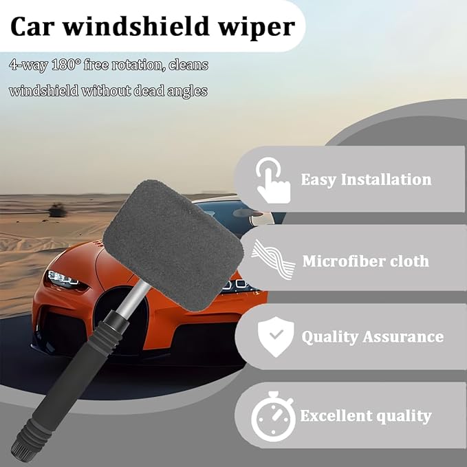 HZEL Car Windshield Cleaner Tool with Extendable Handle, Vehicle Glass Wiper Window Cleaning Tool with 2 Reusable Microfiber Pad, Auto Windscreen Detailing Cleaner Kit, Universal Fit (Square Gray)