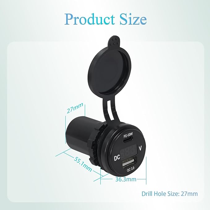 60W PD QC3.0 Fast Charging 12V Socket with Digital Voltage Display Waterproof Power Outlet for Car RV Boat Off-Road