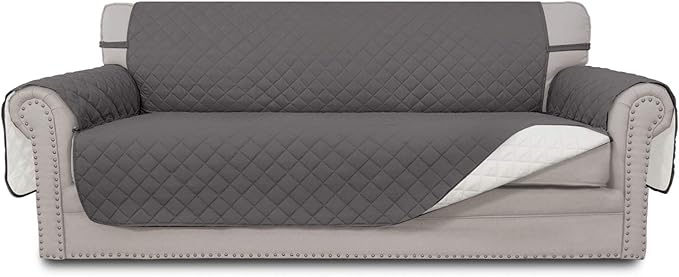 Easy-Going Reversible Oversized Couch Cover for 3 Cushion Couch Sofa Cover for Dogs Water Resistant Furniture Protector Cover with Foam Sticks for Pet (Oversized Sofa, Gray/Ivory)