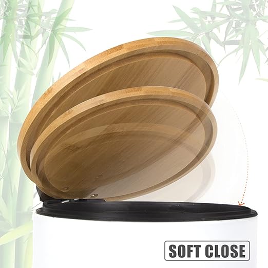 Mini Trash Can with Bamboo Lid Soft Close and Foot Pedal, 0.8Gal/3L Tiny Round Trash Can with Removable Plastic Inner Wastebasket for Bathroom, Bedroom, Powder Room, Office, Desk, Car, White