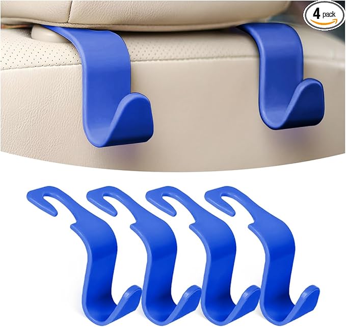 Osilly Car Seat Headrest Hook, 4 Pack Auto Seat Hanger Storage Organizer for Purse Handbag Coats Grocery Bags, Automotive Interior Accessories, Universal Vehicle Backseat Hanging Hook (Blue)