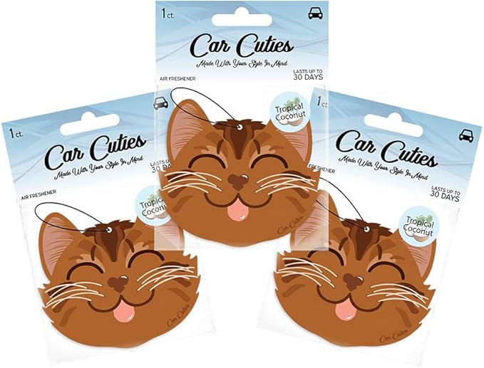 Cute CAT CAR AIR FRESHENER - Cute Cat Design, Long-Lasting Scent, Portion of Proceeds Benefit PAWS Chicago (Tropical Coconut - Pack of 3)