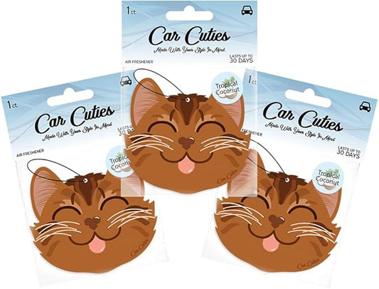 Cute CAT CAR AIR FRESHENER - Cute Cat Design, Long-Lasting Scent, Portion of Proceeds Benefit PAWS Chicago (Tropical Coconut - Pack of 3)