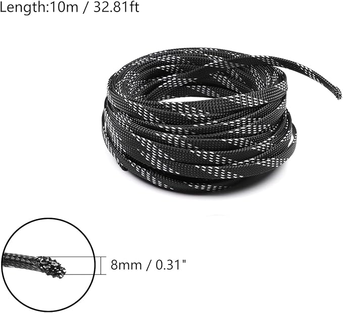 Aicosineg 32.81ft PET Flexible Braided Cable Sleeve 0.33inch Width Wire Loom Sleeving and Organizer Flexible Wire Mesh Sleeve Wrap Protector for TV Audio PC Cords from Pets Chewing Black and Yellow