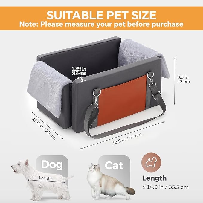 Avont Center Console Dog Car Seat for Small Dogs, Secure Armrest Pet Booster Seat with Multi-Strap Support, Washable Console Seat Bed with Storage Pocket -Dark Grey