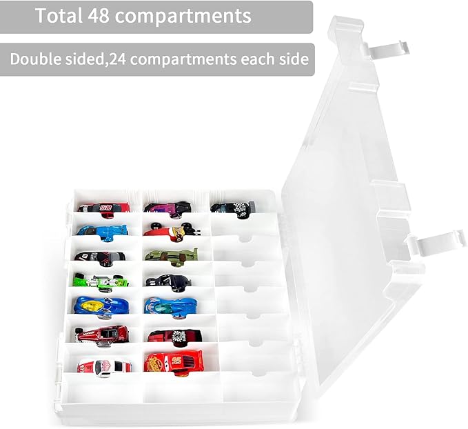 ALCYON Double Sided Toy Storage Organizer Case for Hot Wheels Car, Matchbox Cars, Mini Toys, Small Dolls, Carrying Box Container Carrier with 48 Compartments - Upgrade (Box Only)