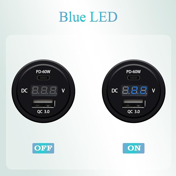 60W PD QC3.0 Fast Charging 12V Socket with Digital Voltage Display Waterproof Power Outlet for Car RV Boat Off-Road