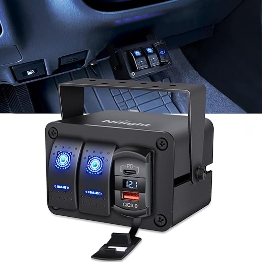 Nilight 2 Gang Rocker Switch Box 12V SPST ON Off PD Type C and QC 3.0 USB Charger Voltmeter Waterproof Aluminum Panel DIY Stickers for Boats Cars RVs Trucks
