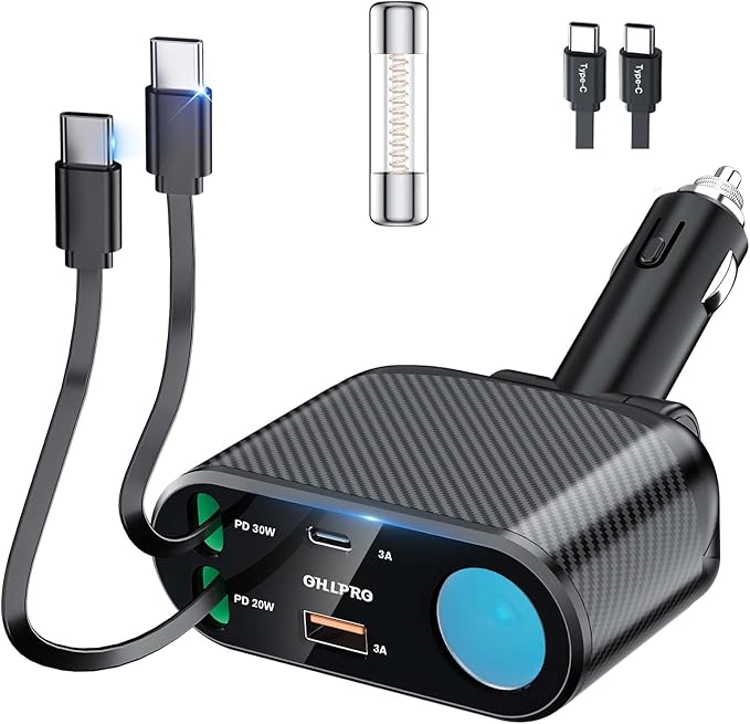 OHLPRO Retractable Car Charger Cigarette Lighter Adapter, 168W 5 in 1 Fast Phone Charging Built-in Replaceable Fuse, Socket Splitter with USB C and USB i Cord, Fit for Phone iPad Galaxy GPS, Grey