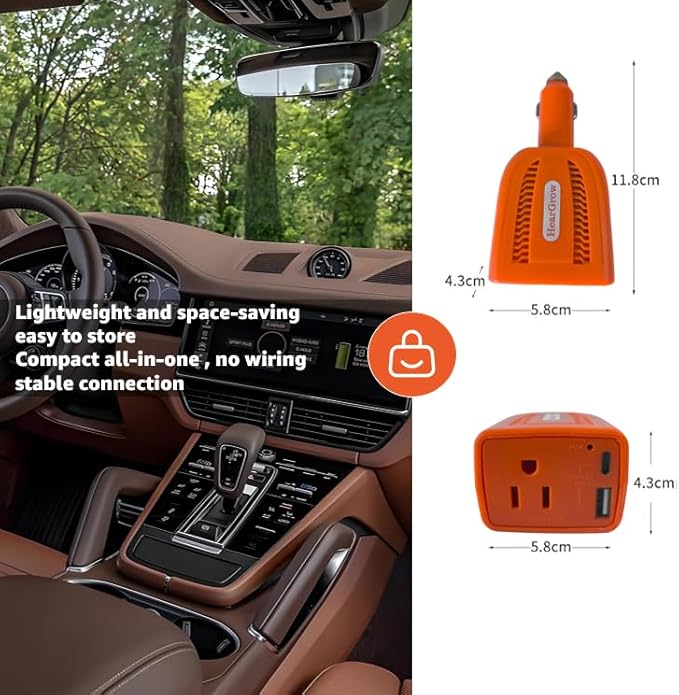 HearGrow100w Car Power Inverter, 12V DC to 110V AC Vehicles Converter with USB Ports，Plug Adapter Outlet and Fast Charging PD3.0 Type-C for Phones, Pads, Laptops and Computer Charger(Orange)