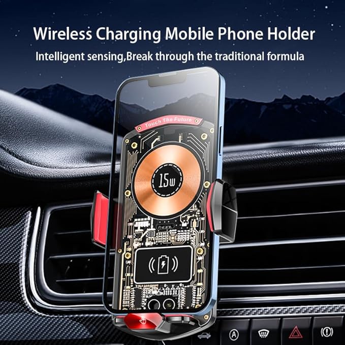 Wireless Car Charger Mount,Phone Holder,15W Fast Charging, Air Vent Clamp,Auto Clamping,360° Rotating Ball Joint,Transparent Case,Compatible with iPhone 17/16/15/14/13/12/11/10, Samsung Galaxy Series