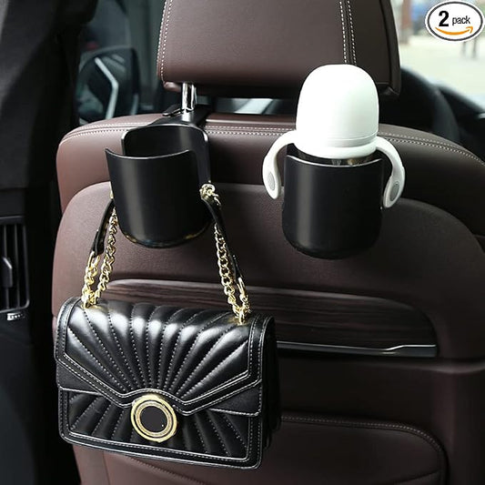 Car Seat Headrest Hook Organizer with Cup Holder - Universal Vehicle Storage Hanger for Handbags, Groceries, Backseat Organizer, Car Accessories Fit All Cars(Black)