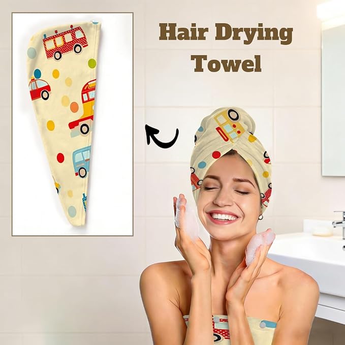 Women Bath Wrap Hair Towel Drying Cap Set Colored Cars Bus Polka Dot Soft Absorbent Bathrobe Shower Wraps with Adjustable Closure Spa Bath Robe