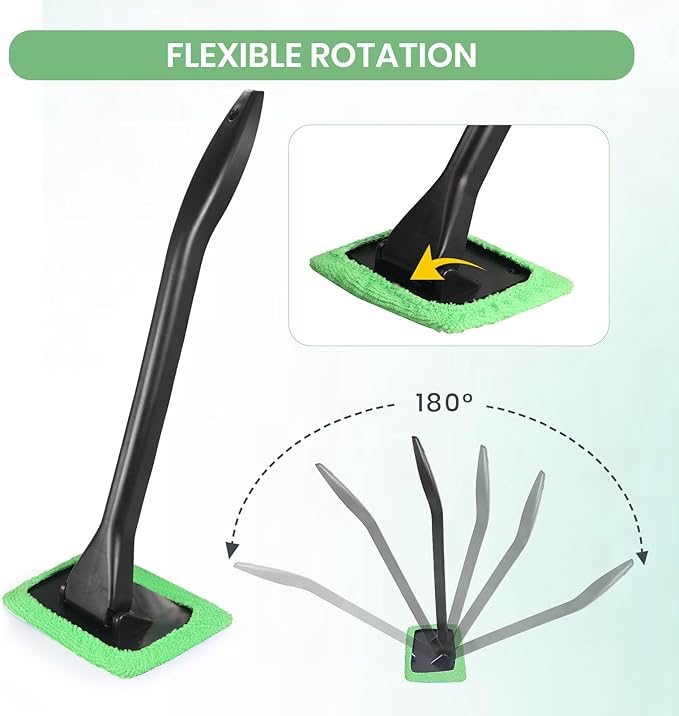 Windshield Cleaner Tool Car Window Cleaner with 6 Reusable and Washable Microfiber Pads and Extendable Handle Auto Inside Glass Wiper Kit (Green)