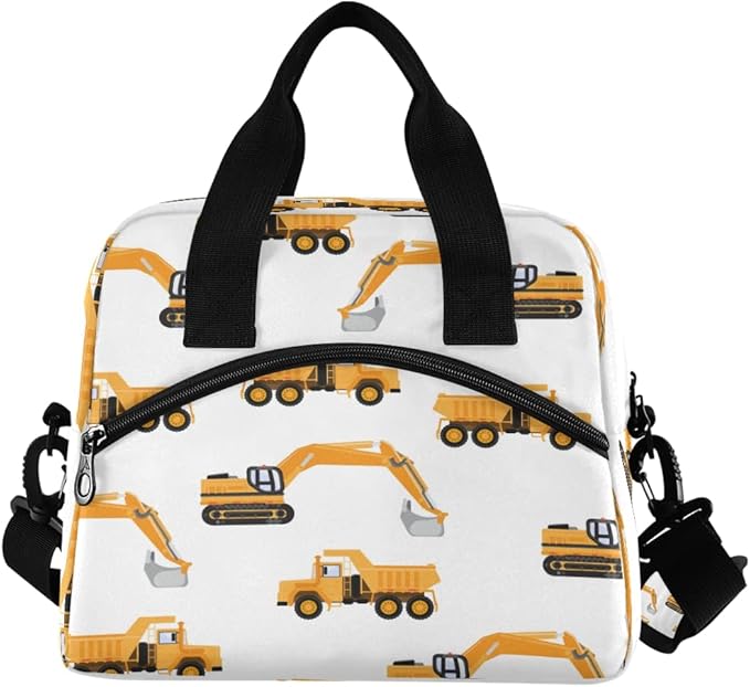 Lunch Bag for Kids Industrial Car Excavator and Trucks on White Insulated Cooler Lunch Box Large Capacity Lunch Organizer for Boys Girls