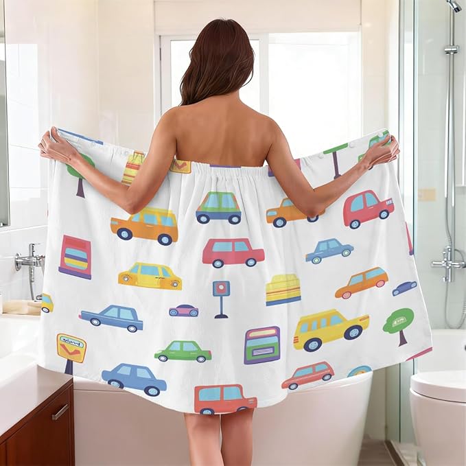 Towel Wrap for Women, Wearable Towel Dress Spa bathrobe with Adjustable Closure(Colorful Cartoon Car)