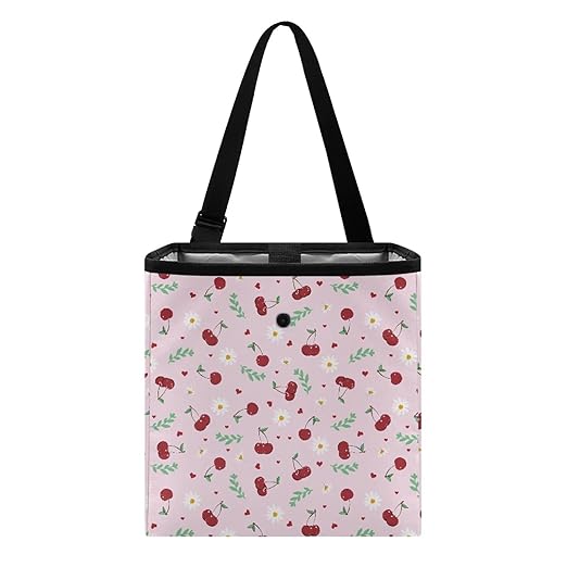 2 Gallons Open-Top Car Trash Can Hanging Car Trash Bag Water Resistant Leakproof Trash Bag Car Accessories for Women, Cherries and Daisy Pink