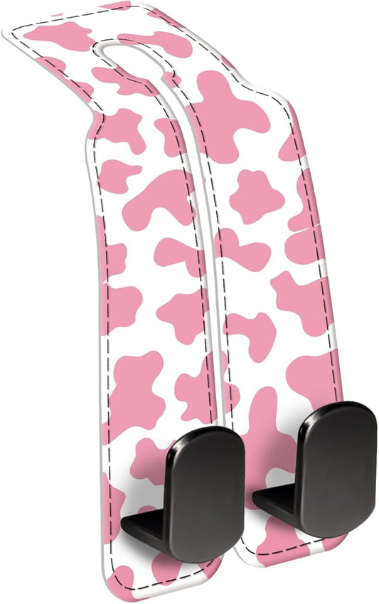 Car Seat Back Storage Headrest Hook, Premium Leather Double Metal Hook, Hanger Storage Organizer for Purse Cloth Bag, Car Interior Accessories Pink Cute Cowhide