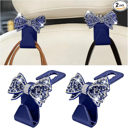 Zpana Bling Car Headreat Hook, 2PCS Crystal Rhinestone Cute Bow Vehicle Seat Back Hanger Storage for Purses Bags Grocery, Diamond Auto Rear Seat Organizer, Universal for SUV Truck Sedan (Blue)