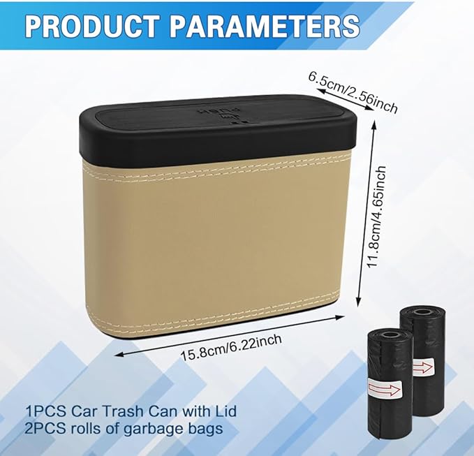 Car Trash Can with Lid, Car Trash Bin, Leakproof Vehicle Garbage Can with 30PCS Garbage Bags, Waterproof Auto Hanging Dustbin Storage Bag Container Accessories Fit SUV Office Home (Beige-1PCS)