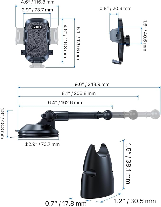 YRU True Military Grade Car Phone Holder Upgraded Strongest Rotatable Suction Cup Cell Phone Mount for Dashboard Windshield, Truck Cradle Dash Stand for iPhone 17 16 Pro Max 15 14 13 Android, Black