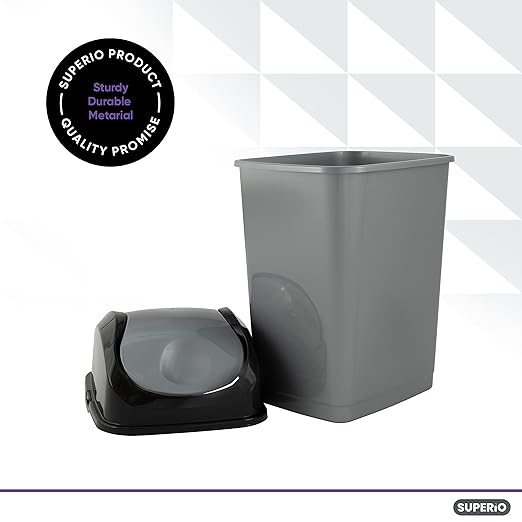 Superio Small 2.5 Gallon Plastic Trash Can with Swing Top Lid, Compact Slim Waste Bin for Under Desk, Office, Bedroom, Bathroom, Dorm Room, 10 Qt. Portable Garbage Can (Grey/Black)