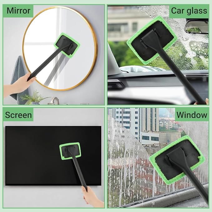Windshield Cleaner Tool, Car Window Cleaner with Extendable Handle,5 Reusable Microfiber Pads,Windshield Cleaning Tool,Auto Glass Wiper for Car Detailing,Home Windows(Green)