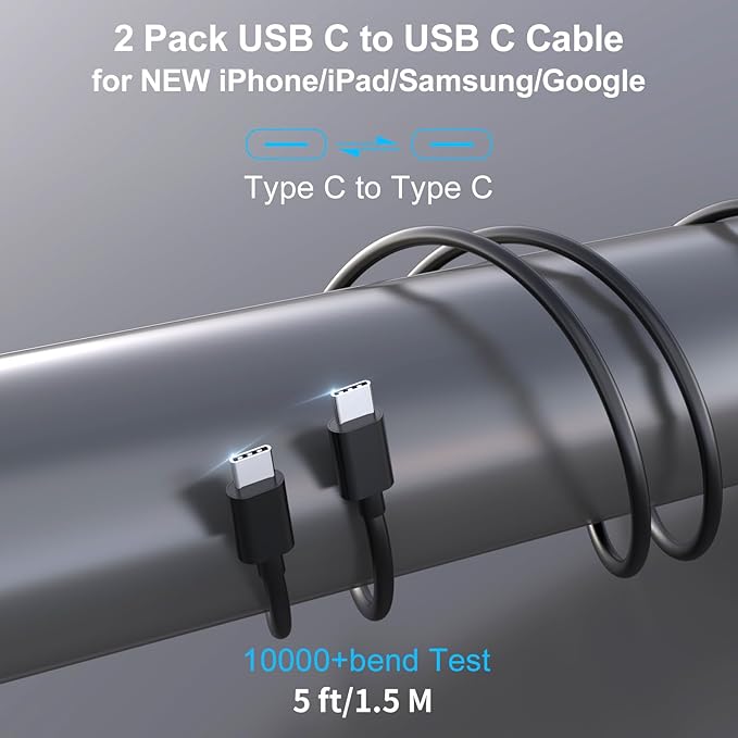 2 Pack 90W USB C Car Charger Super Fast Charging for iPhone 17 Pro Max/Air/16/15/iPad, Samsung S26 Android Phone, Dual 45W PD Port Auto Accessories, 12V Cigarette Lighter Adapter + 5 ft Type C Cord