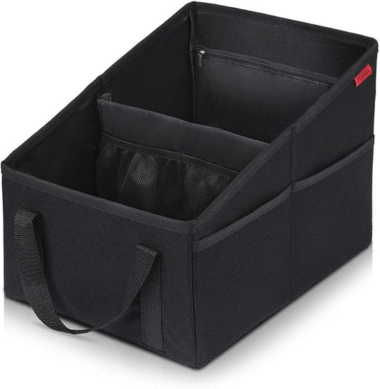 YOOFAN Car Seat Organizer - Passenger Seat Organizer, Collapsible Small Car Seat Storage Organizer for Console Front/Back, Automotive Backseat Organizer with Belt 4 Cup Holders for Kids Accessories