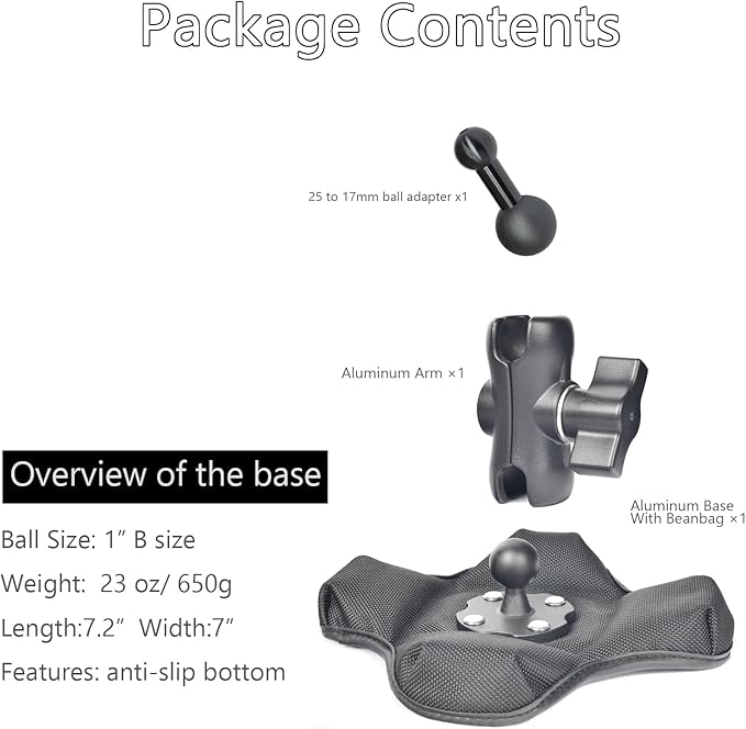 VAUBORTTI GPS Dashboard Beanbag Mount, 1" Ball Double Socket Aluminum Arm with 25mm to 17mm Adapter, Fits Garmin Drive, DriveSmart, Nuvi, Dezl GPS with 17mm Socket, Portable Non-Slip Friction Base