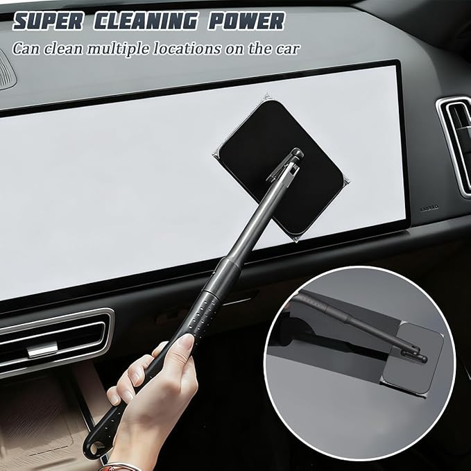 Car Windshield Cleaning Tool, Vehicle Window Glass Cleaner with 4 Reusable Microfiber Pads & Extendable Handle, Automotive Interior Windscreen Wash Kit, Universal for Most Vehicles