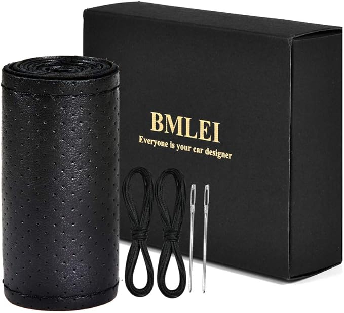 BMLEI Top Genuine Leather Steering Wheel Cover with Anti-Slip Design, Soft Padding, Universal 15 Inch Auto Car Steering Wheel Stitch on Wrap
